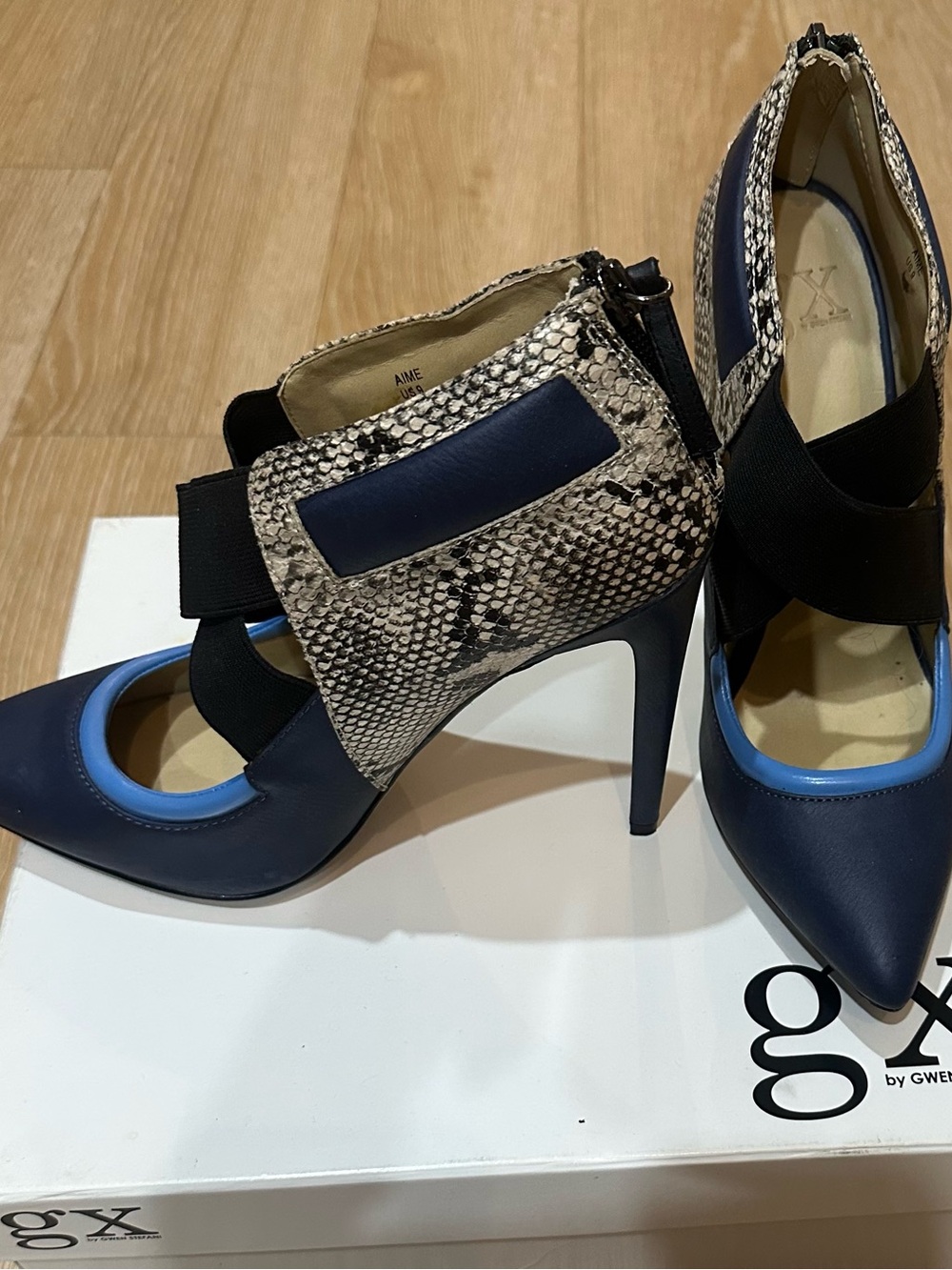 GX by Gwen Stefani Navy Pointed-Toe Stiletto Heels with Snake-Print Overlay